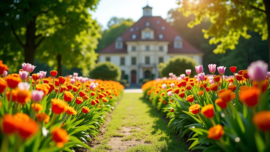 Krásná botanická zahrada s květinami a historickou architekturou v pozadí