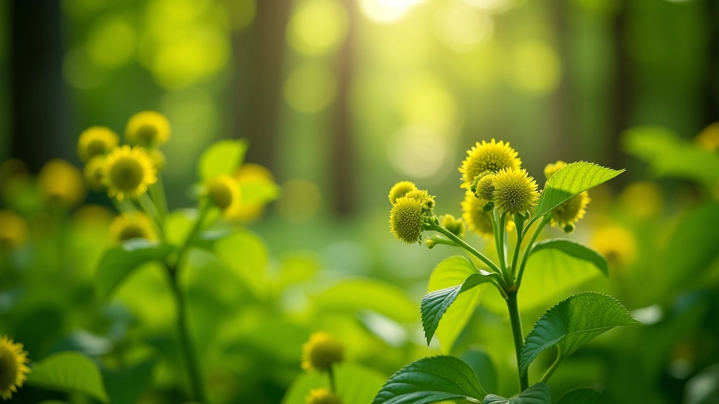 Detailní fotografie zelených rostlin a květin v botanické zahradě s přírodním osvětlením
