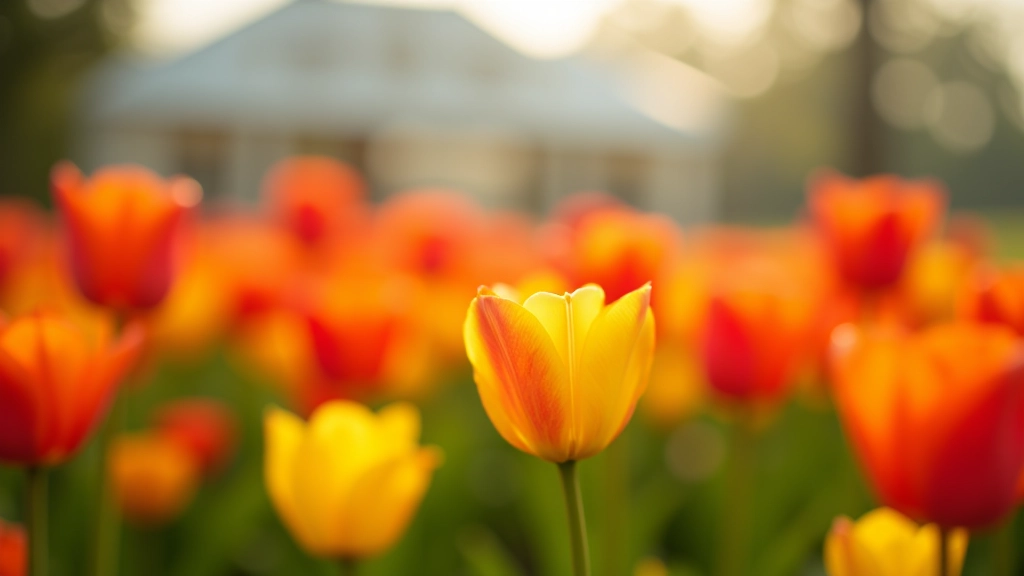 Pole barevných tulipánů v zahradě, jemné ranní světlo, rozmazaný pozadí oranžérie