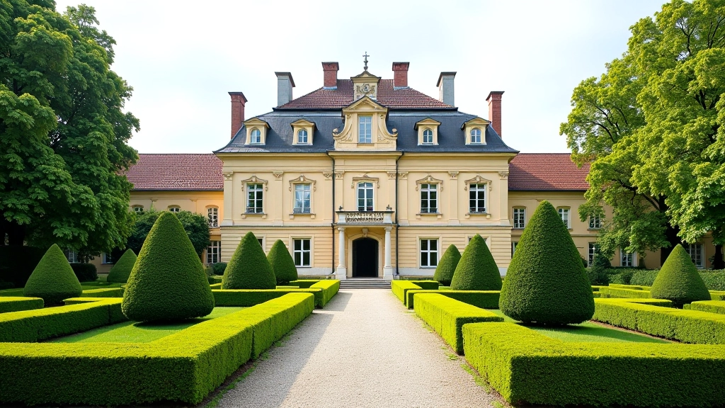 Historická architektura biskupského paláce s elegantním zahradním designem