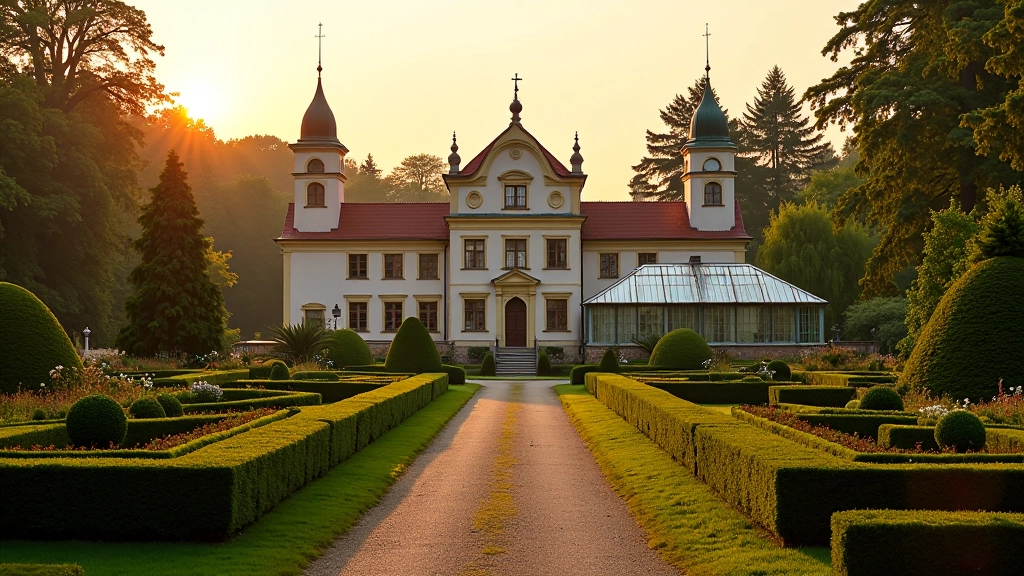 Historický biskupský palác se zahradou a skleníky v pozadí