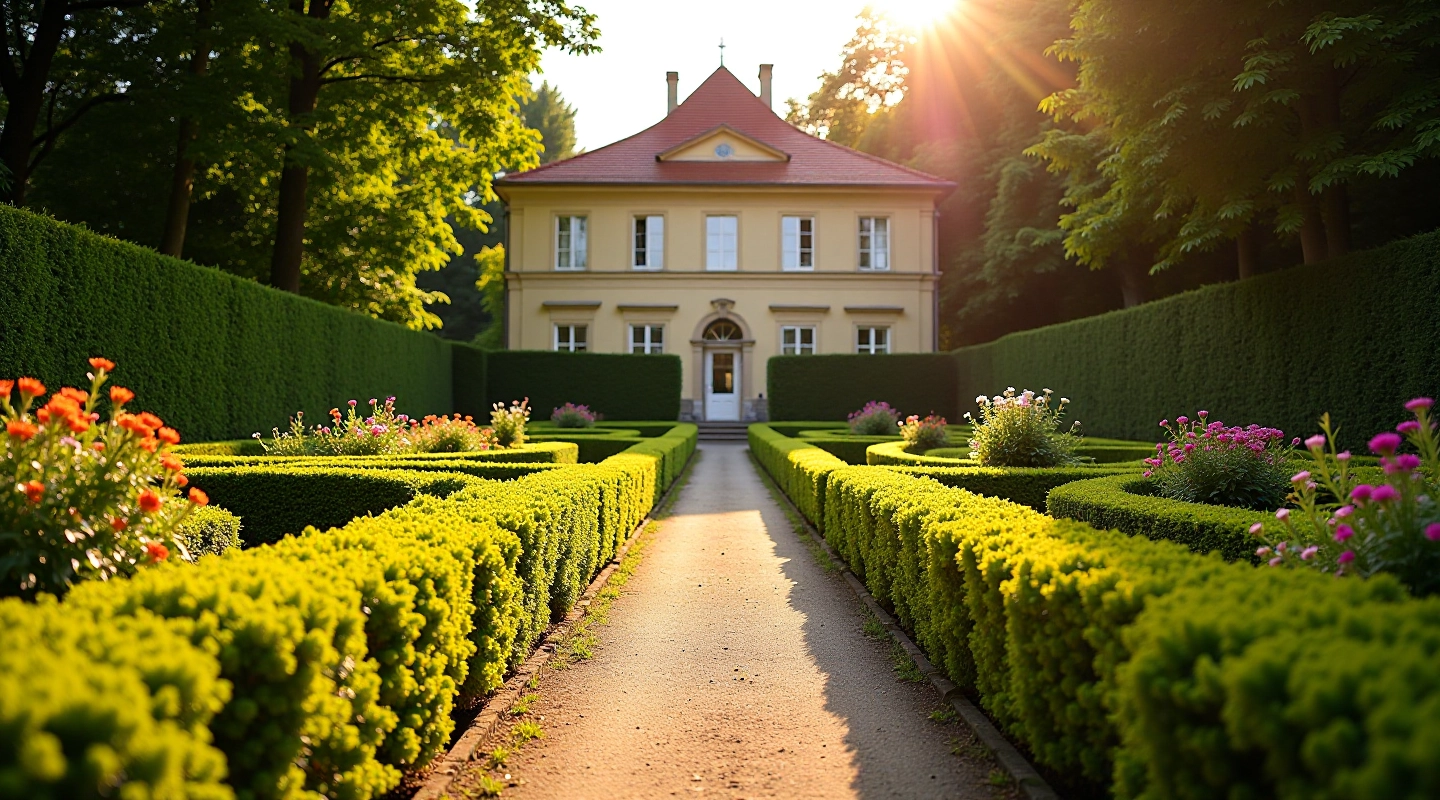 Historická zahrada s labyrintovými cestami a květinovými záhony