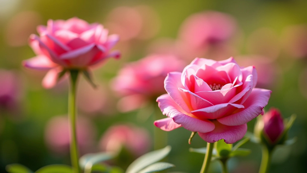 Růžové a fialové květy růží v letní botanické zahradě, slunečné počasí