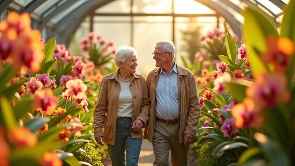 Seniorský pár prochází mezi květinami v skleníku s barevnými orchidejemi